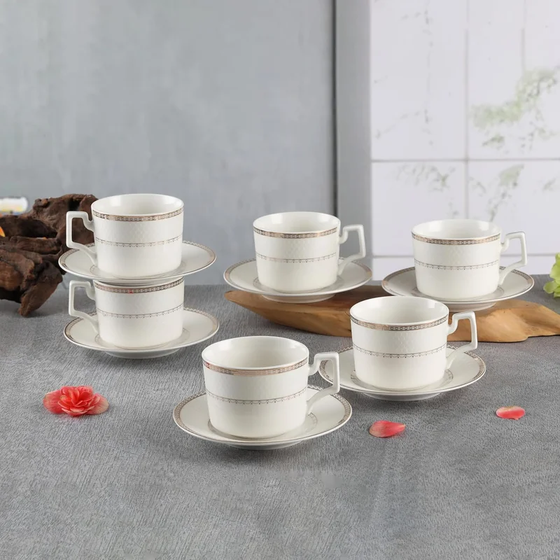 Shallow Shallow New Bone China Rosa Tea Cup & Saucer Set, 220ml (White, 6 Cups, 6 Saucer) || Luxurious Tea Cup